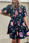 Black Floral Short Bubble Sleeve Button Mandarin Collar Dress-Dresses-MomFashion