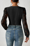 Black Frenchy Contrast Lace Bishop Sleeve Bodysuit-Tops-MomFashion