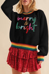 Black Glitter Merry & Bright Colorful Stripes Trim Sweater-Tops-MomFashion