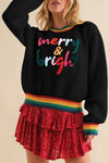 Black Glitter Merry & Bright Colorful Stripes Trim Sweater-Tops-MomFashion