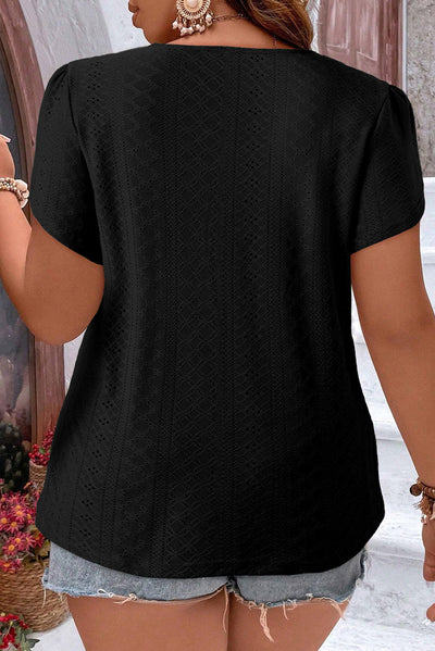 Black Guipure V Neck Plus Size Eyelet Embroidered Top-Plus Size-MomFashion