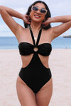 Black Halter O-ring Ruched Bust One Piece Swimsuit-Swimwear-MomFashion