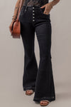 Black High Waist Button Front Flare Jeans-Bottoms-MomFashion