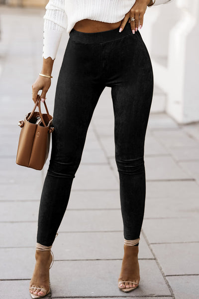 Black High Waist Faux Suede Skinny Leggings-Bottoms-MomFashion