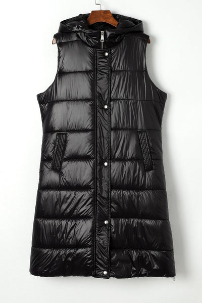 Black Hooded Long Quilted Vest Coat-Outerwear-MomFashion