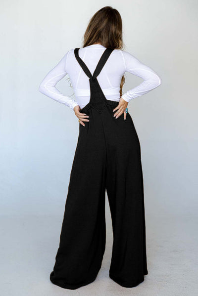 Black Knotted Straps Patch Pocket Wide Leg Jumpsuit-Bottoms-MomFashion