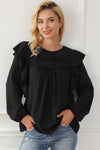 Black Lace Eyelet Ruffle Shoulder Long Sleeve Blouse-Tops-MomFashion