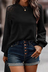 Black Lace Long Sleeve Textured Pullover-Tops-MomFashion