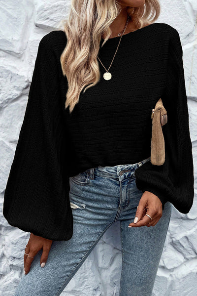 Black Lantern Sleeve Eyelets Textured Knit Sweater-Tops-MomFashion