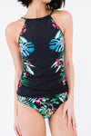 Black Leaf & Flower Print Ruched Tankini Set-Swimwear-MomFashion