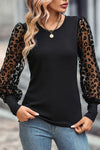 Black Leopard Mesh Puff Sleeve Patchwork Slim Fit Top-Tops-MomFashion