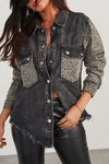 Black Leopard Patch Pocket Vintage Raw Hem Denim Jacket-Outerwear-MomFashion
