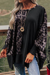 Black Leopard Patchwork Bishop Sleeve Slit Sweatshirt-Tops-MomFashion