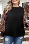 Black Leopard Patchwork Ribbed Knit Mock Neck Plus Size Top-Plus Size-MomFashion