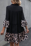 Black Leopard Trim V Neck Ruffled Sleeve Flared Dress-Dresses-MomFashion