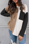 Black Long Sleeve Colorblock Chest Pocket Textured Knit Top-Tops-MomFashion