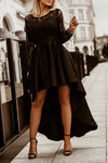 Black Long Sleeve Lace High Low Satin Prom Dress-Dresses-MomFashion