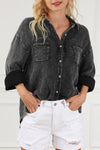 Black Mineral Wash Crinkle Textured Chest Pockets Shirt-Tops-MomFashion