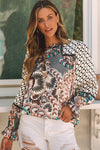 Black Mixed Floral Geometric Print Ruffled Long Sleeve Blouse-Tops-MomFashion