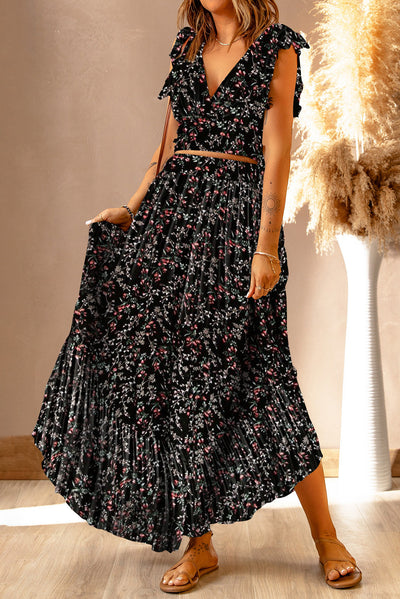 Black Multicolor Floral Ruffled Crop Top and Maxi Skirt Set-Dresses-MomFashion