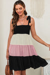 Black Multicolor Smocked Color Block Sleeveless Mini Dress-Dresses-MomFashion