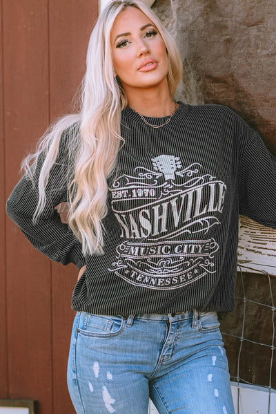 Black NASHVILLE MUSIC CITY Corded Graphic Sweatshirt-Tops-MomFashion