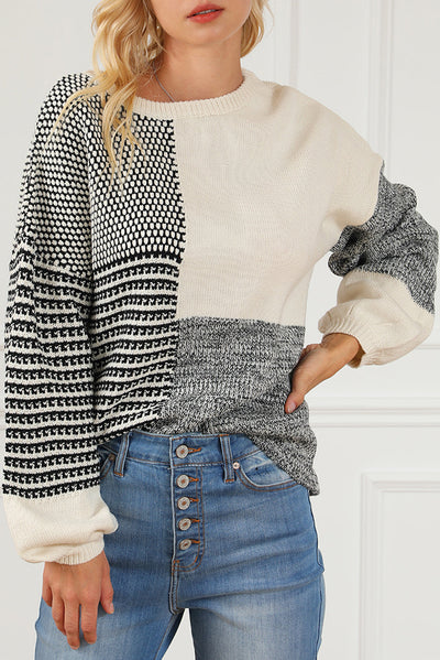 Black Neutral Colorblock Tie Back Sweater-Tops-MomFashion