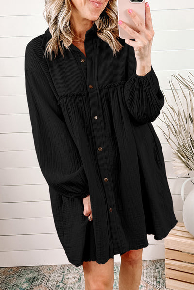 Black Patchwork Crinkle Puff Sleeve Shirt Dress-Dresses-MomFashion