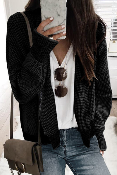 Black Plaid Contrast Trim Open Front Cardigan-Tops-MomFashion