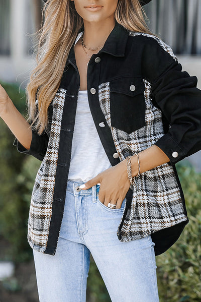 Black Plaid Patchwork Raw Hem Denim Jacket-Outerwear-MomFashion