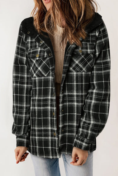 Black Plaid Pattern Sherpa Lined Hooded Shacket-Outerwear-MomFashion