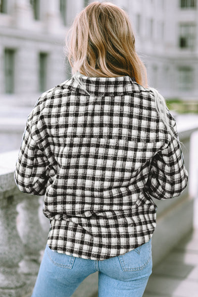 Black Plaid Print Chest Pockets Buttoned Tunic Shacket-Outerwear-MomFashion