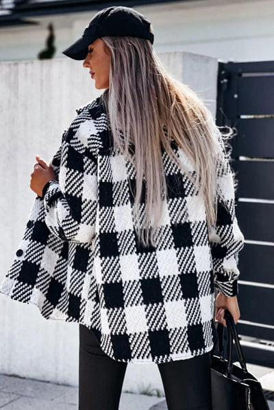 Black Plaid Textured Flap Pocket Shacket-Outerwear-MomFashion