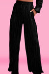 Black Pleated Long Sleeve Shirt and Wide-Leg Pants Set-Loungewear-MomFashion