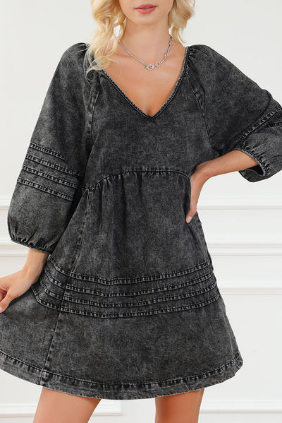 Black Pleated V Neck Puff Sleeve Denim Babydoll Dress-Dresses-MomFashion