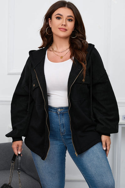 Black Plus Size Bishop Sleeve Zip Up Hooded Jacket-Plus Size-MomFashion