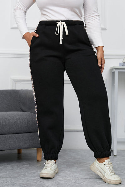 Black Plus Size Contrast Leopard Side Panel Joggers-Plus Size-MomFashion