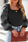 Black Plus Size Daisy Embroidered Puff Sleeve Ribbed Knit Top-Plus Size-MomFashion