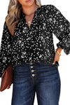 Black Plus Size Floral Print Ruched Split Neck Blouse-Plus Size-MomFashion