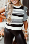 Black Plus Size Mixed Striped Print Ruffled Sweater Vest-Plus Size-MomFashion