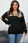 Black Plus Size Quilted Plaid Patch Henley Sweatshirt-Plus Size-MomFashion