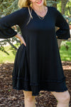 Black Plus Size Ruffled Trim 3/4 Sleeve Dress-Plus Size-MomFashion