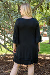 Black Plus Size Ruffled Trim 3/4 Sleeve Dress-Plus Size-MomFashion