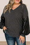 Black Plus Size Sequin Bubble Sleeve V Neck Knit Top-Plus Size-MomFashion