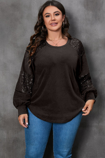 Black Plus Size Sequin Patchwork Crew Neck Long Sleeve Top-Plus Size-MomFashion