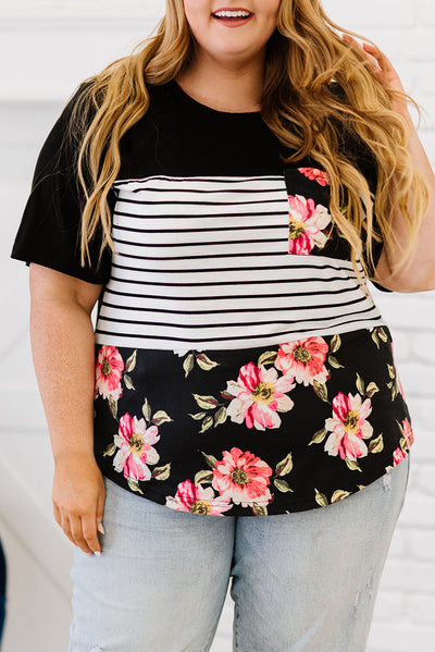 Black Plus Size Splicing Block Stripe Floral Short Sleeve Top-Plus Size-MomFashion