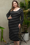 Black Plus Size Striped Loose Long Shift Dress-Plus Size-MomFashion