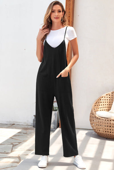 Black Pocketed Adjustable Spaghetti Strap Straight Leg Jumpsuit-Bottoms-MomFashion