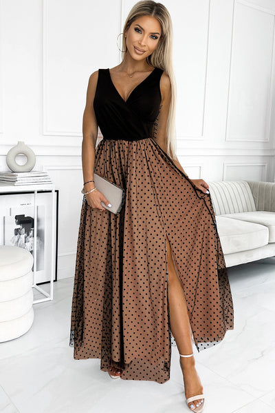 Black Polka Dot Mesh Overlay Sleeveless Maxi Dress-Dresses-MomFashion