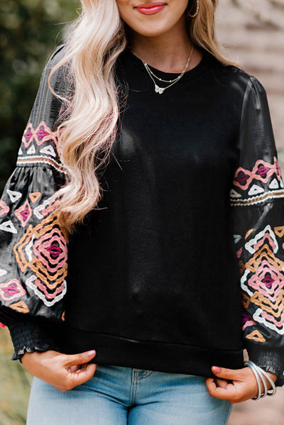 Black Printed Balloon Sleeve Crew Neck Blouse-Tops-MomFashion